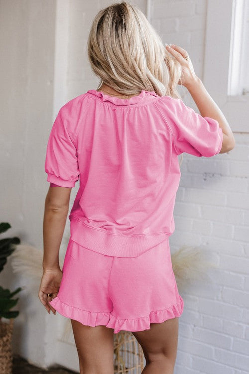 Lorelei Half Zip Puff Sleeve Top and Ruffled Short